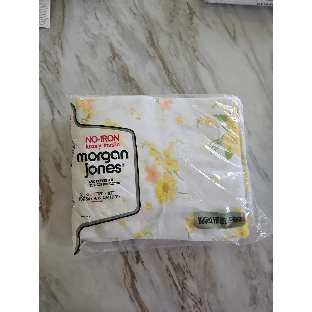 Vintage New Double Fitted Sheet Morgan Jones Pattern Yellow Flowers No Iron